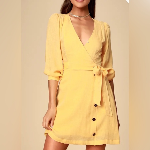 Lulu's Yellow A-Line Mini Dress with V-Neck and Bishop Sleeves - Picture 6 of 13